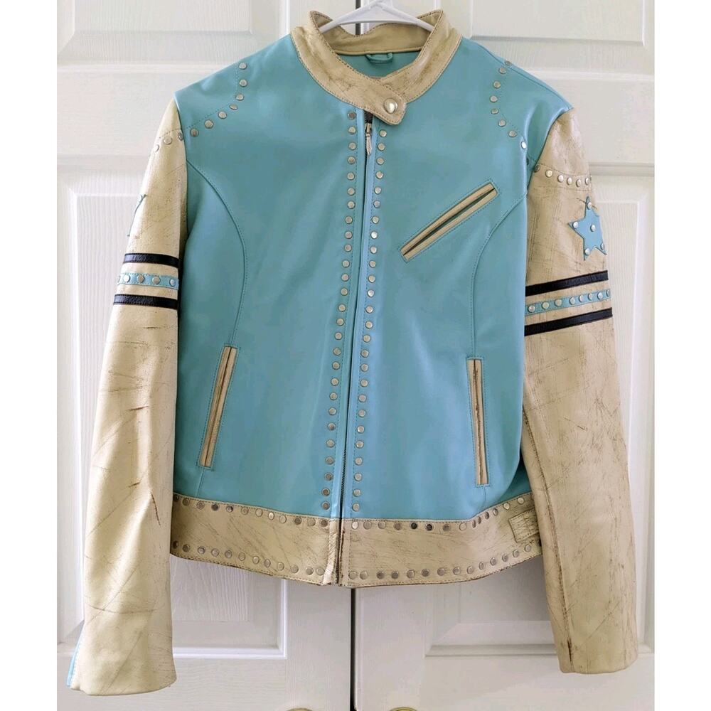Wilson's RARE Vintage Aqua Leather Maxima Star Distressed Jacket Size L Large - Picture 2 of 11